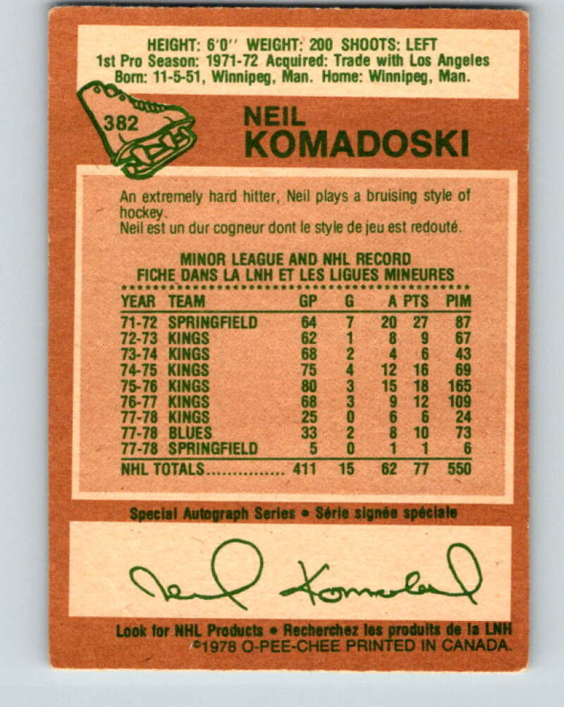 1978-79 O-Pee-Chee #382 Neil Komadoski St. Louis Blues V26325