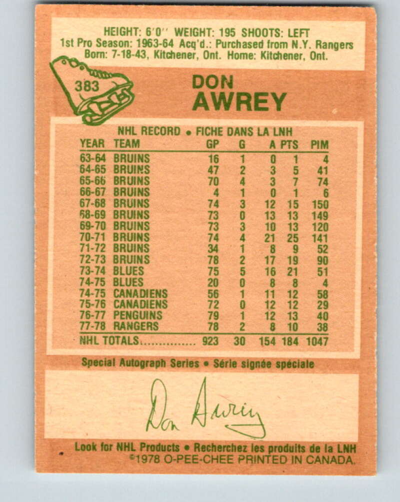 1978-79 O-Pee-Chee #383 Don Awrey Colorado Rockies V26327