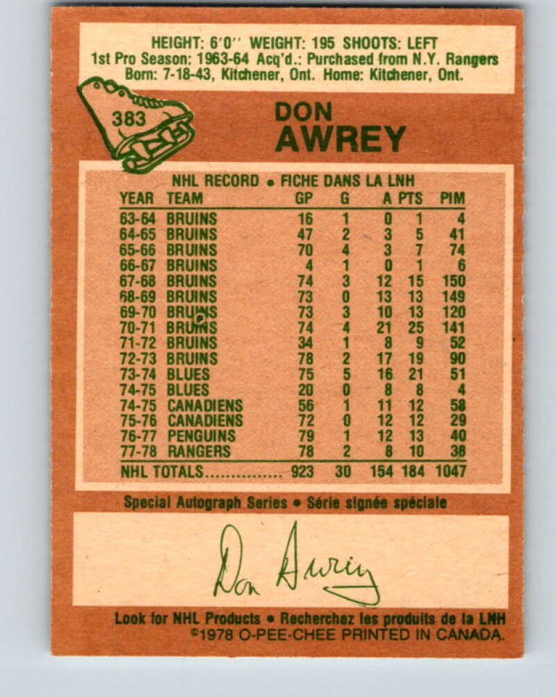 1978-79 O-Pee-Chee #383 Don Awrey Colorado Rockies V26328