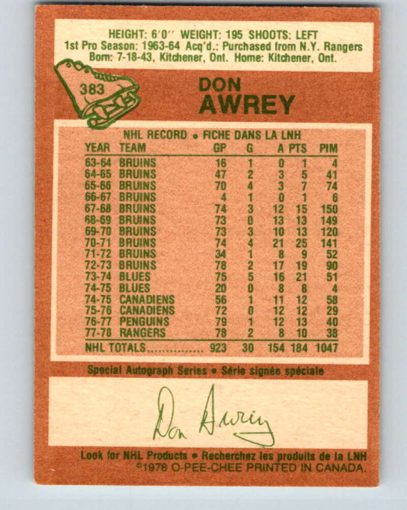 1978-79 O-Pee-Chee #383 Don Awrey Colorado Rockies V26329