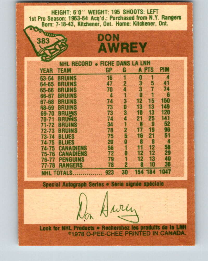 1978-79 O-Pee-Chee #383 Don Awrey Colorado Rockies V26334
