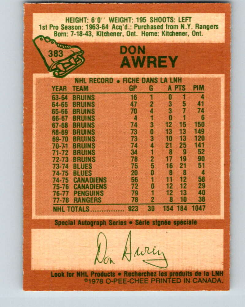 1978-79 O-Pee-Chee #383 Don Awrey Colorado Rockies V26335