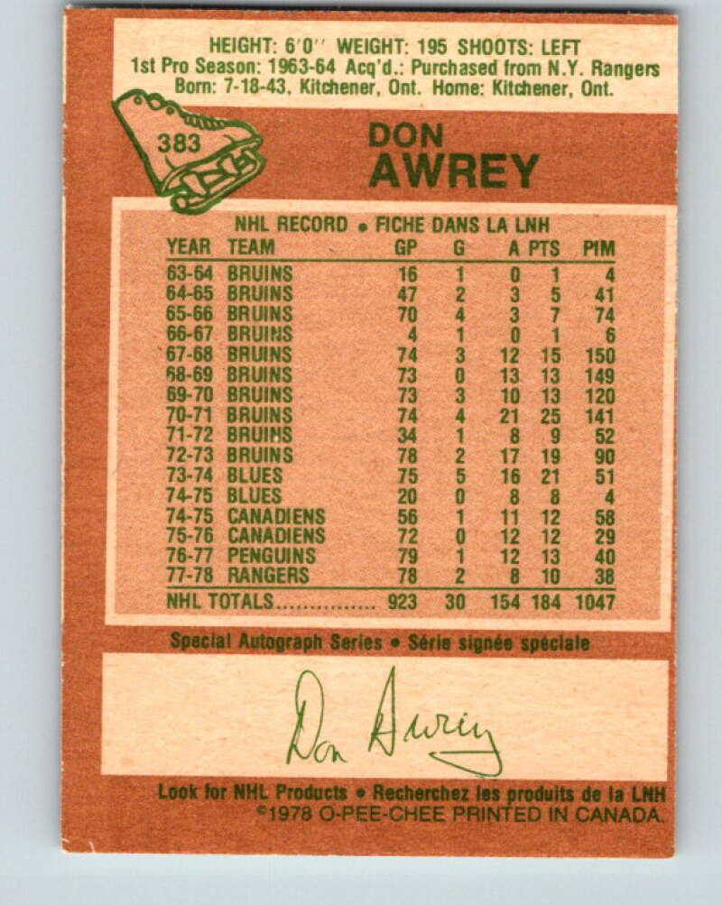 1978-79 O-Pee-Chee #383 Don Awrey Colorado Rockies V26338