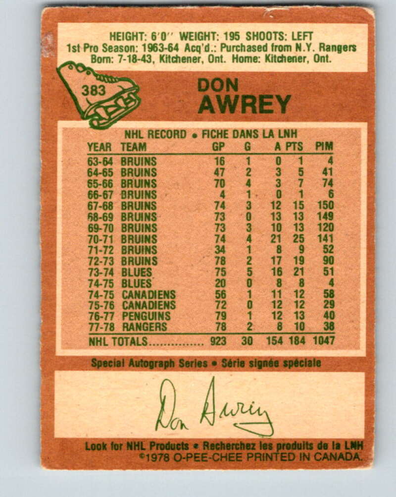 1978-79 O-Pee-Chee #383 Don Awrey Colorado Rockies V26340