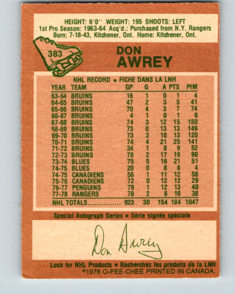 1978-79 O-Pee-Chee #383 Don Awrey Colorado Rockies V26342