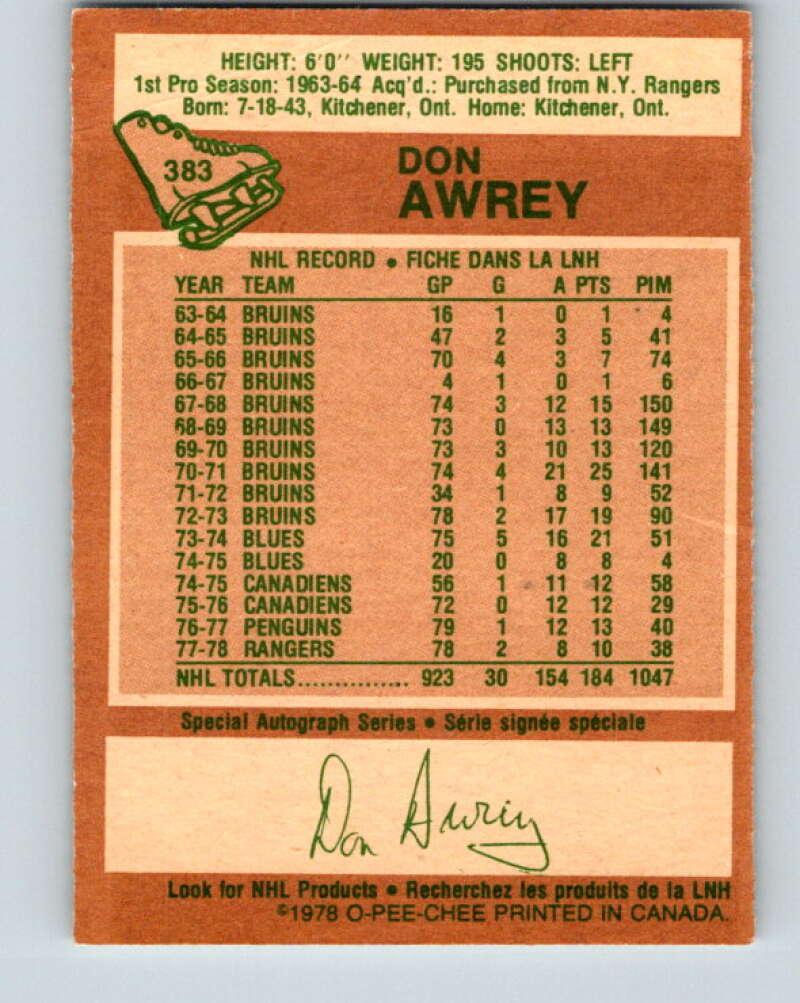 1978-79 O-Pee-Chee #383 Don Awrey Colorado Rockies V26344