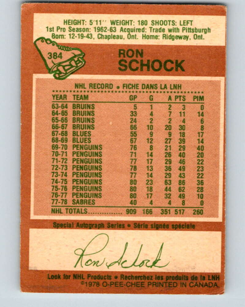 1978-79 O-Pee-Chee #384 Ron Schock Buffalo Sabres V26345