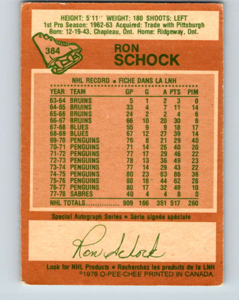 1978-79 O-Pee-Chee #384 Ron Schock Buffalo Sabres V26346