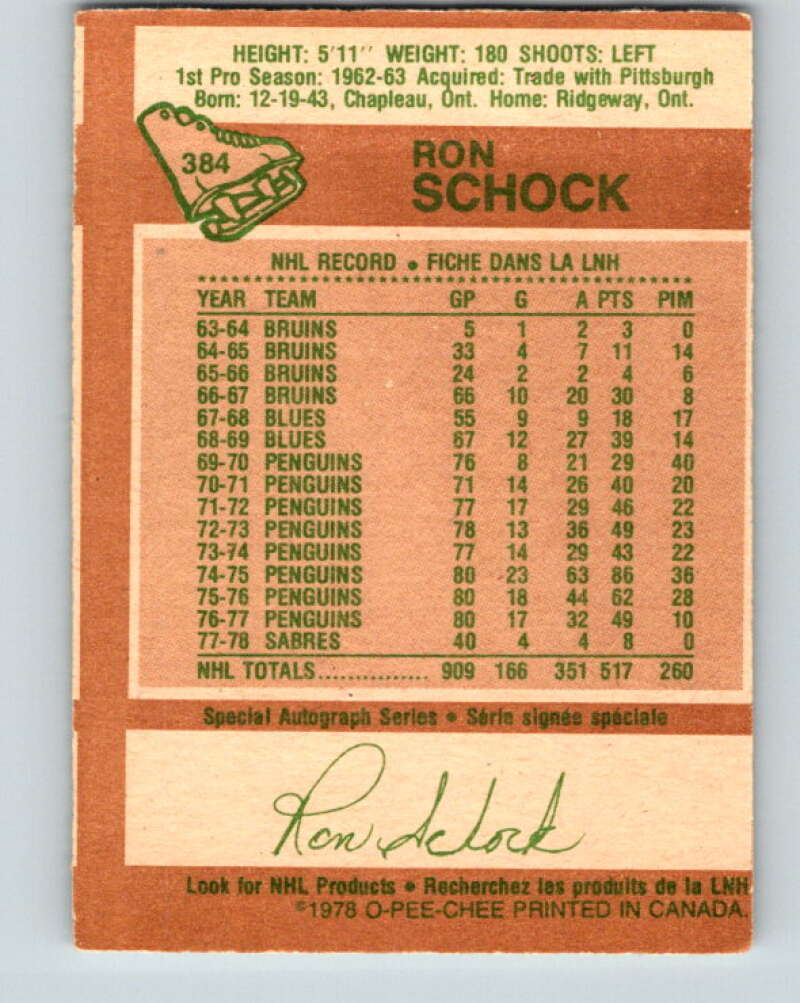 1978-79 O-Pee-Chee #384 Ron Schock Buffalo Sabres V26350