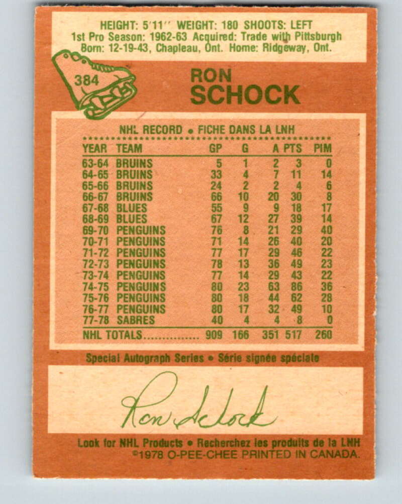 1978-79 O-Pee-Chee #384 Ron Schock Buffalo Sabres V26351