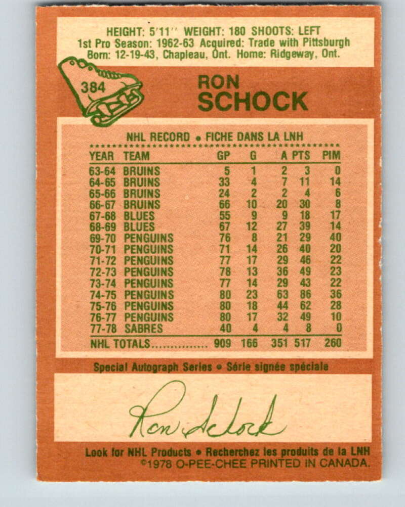 1978-79 O-Pee-Chee #384 Ron Schock Buffalo Sabres V26353