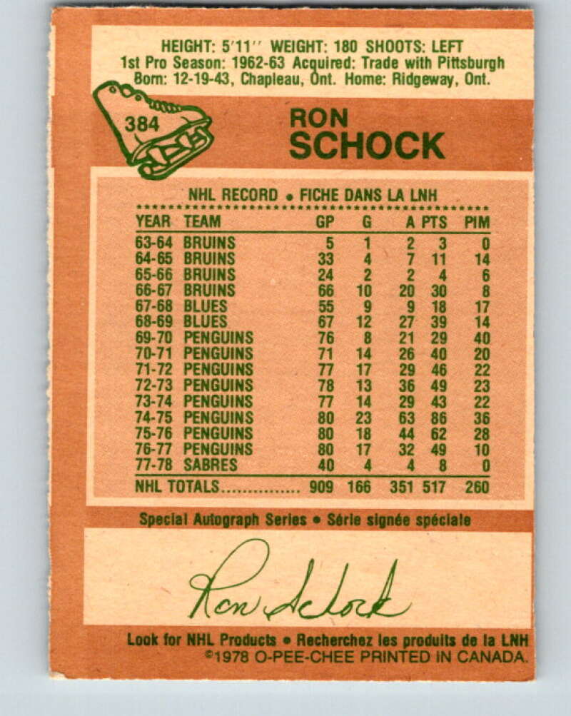 1978-79 O-Pee-Chee #384 Ron Schock Buffalo Sabres V26355