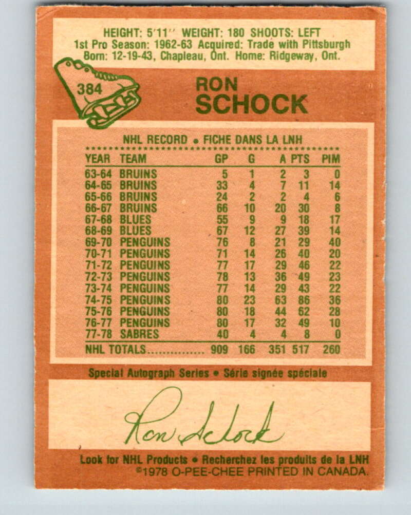 1978-79 O-Pee-Chee #384 Ron Schock Buffalo Sabres V26359