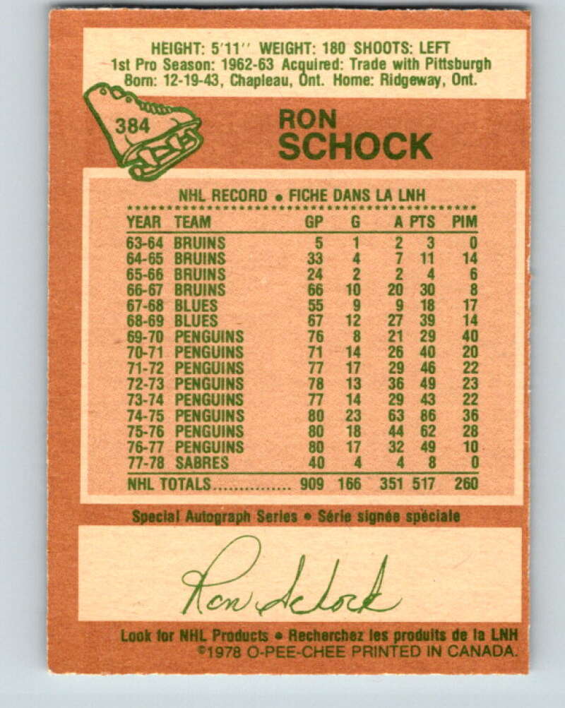 1978-79 O-Pee-Chee #384 Ron Schock Buffalo Sabres V26360