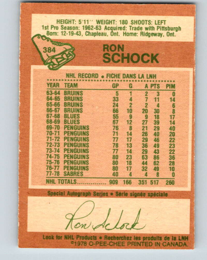 1978-79 O-Pee-Chee #384 Ron Schock Buffalo Sabres V26362