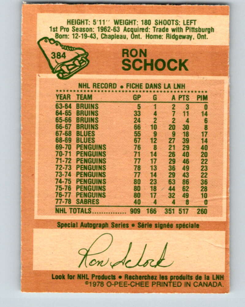 1978-79 O-Pee-Chee #384 Ron Schock Buffalo Sabres V26363