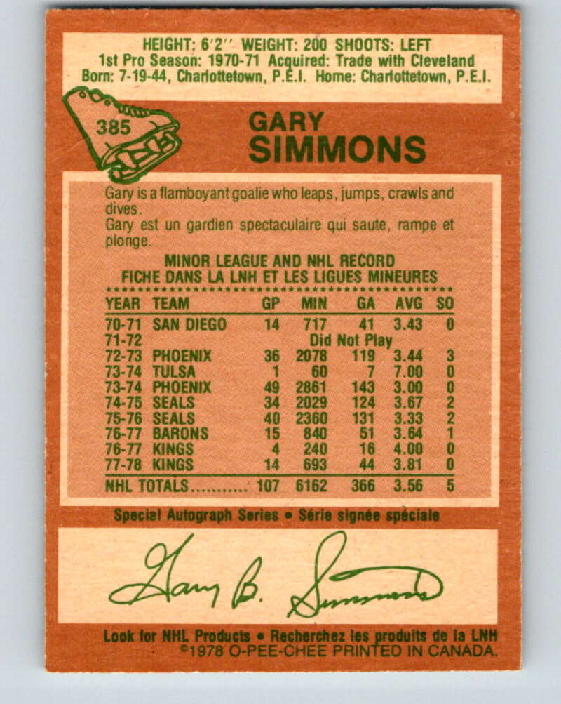 1978-79 O-Pee-Chee #385 Gary Simmons Los Angeles Kings V26364