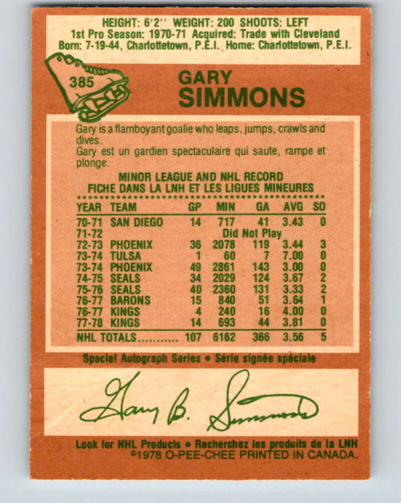 1978-79 O-Pee-Chee #385 Gary Simmons Los Angeles Kings V26365