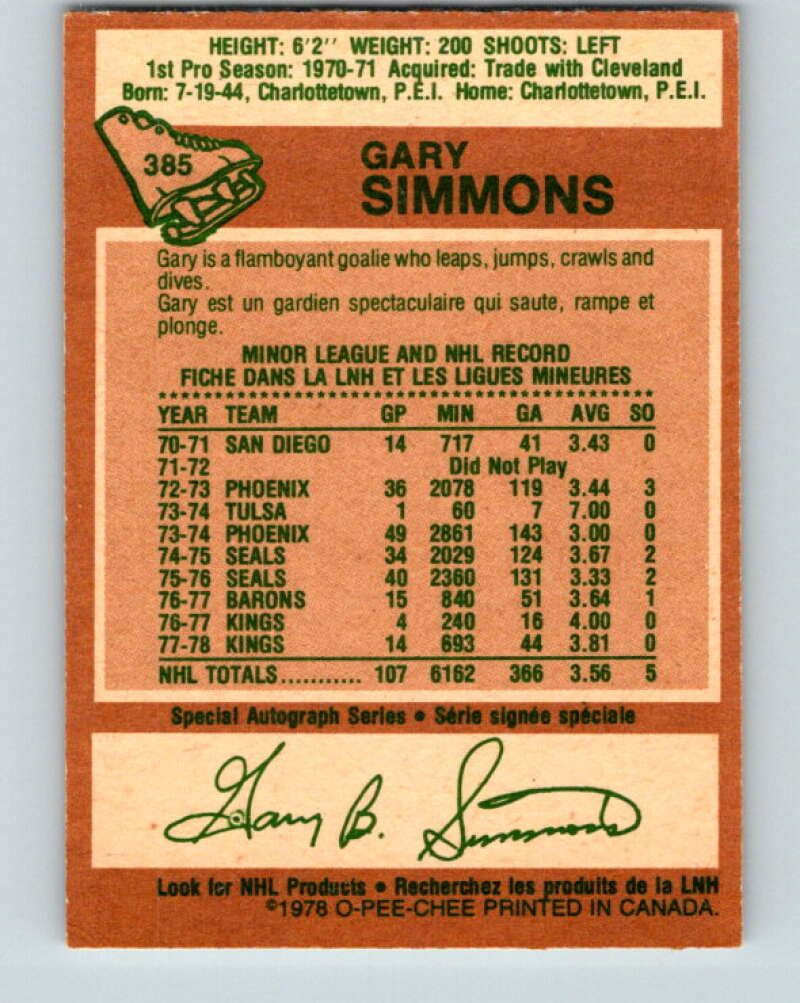 1978-79 O-Pee-Chee #385 Gary Simmons Los Angeles Kings V26368