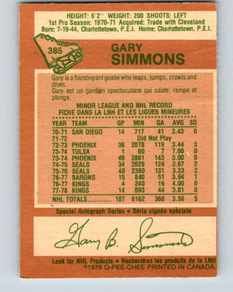 1978-79 O-Pee-Chee #385 Gary Simmons Los Angeles Kings V26369