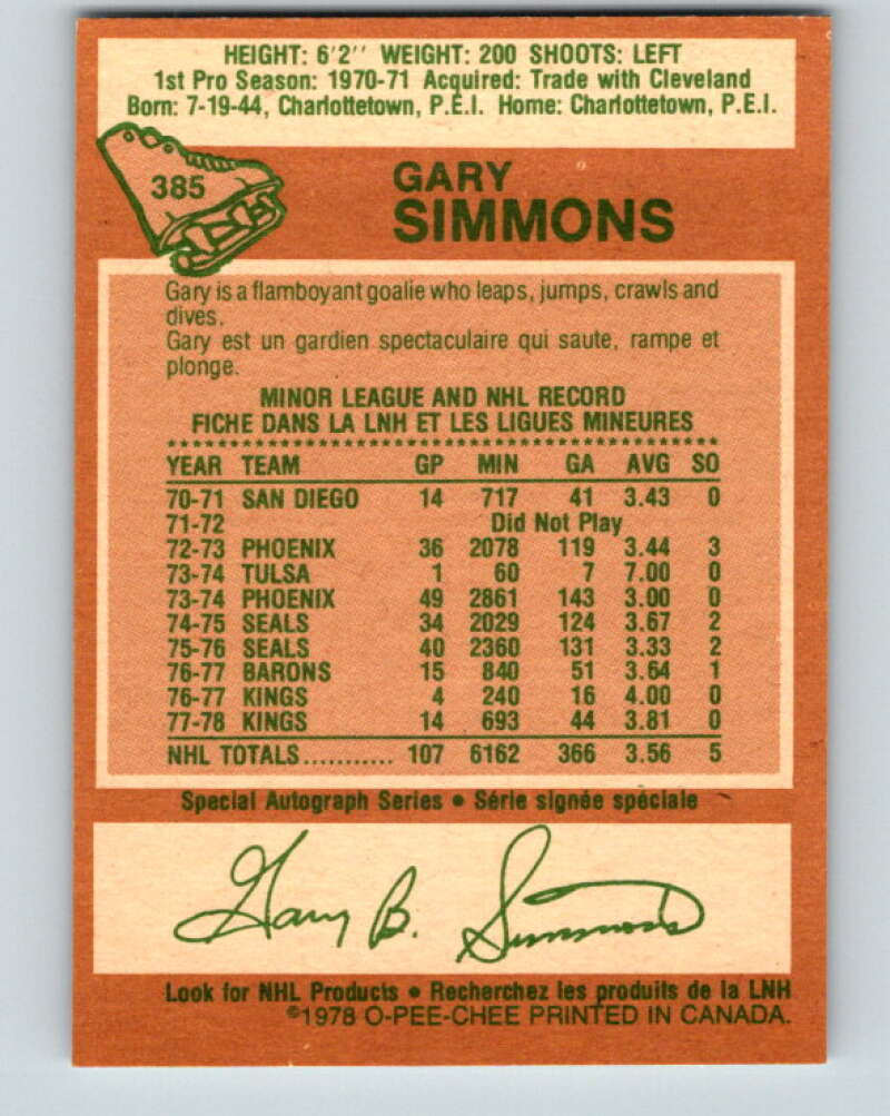 1978-79 O-Pee-Chee #385 Gary Simmons Los Angeles Kings V26371