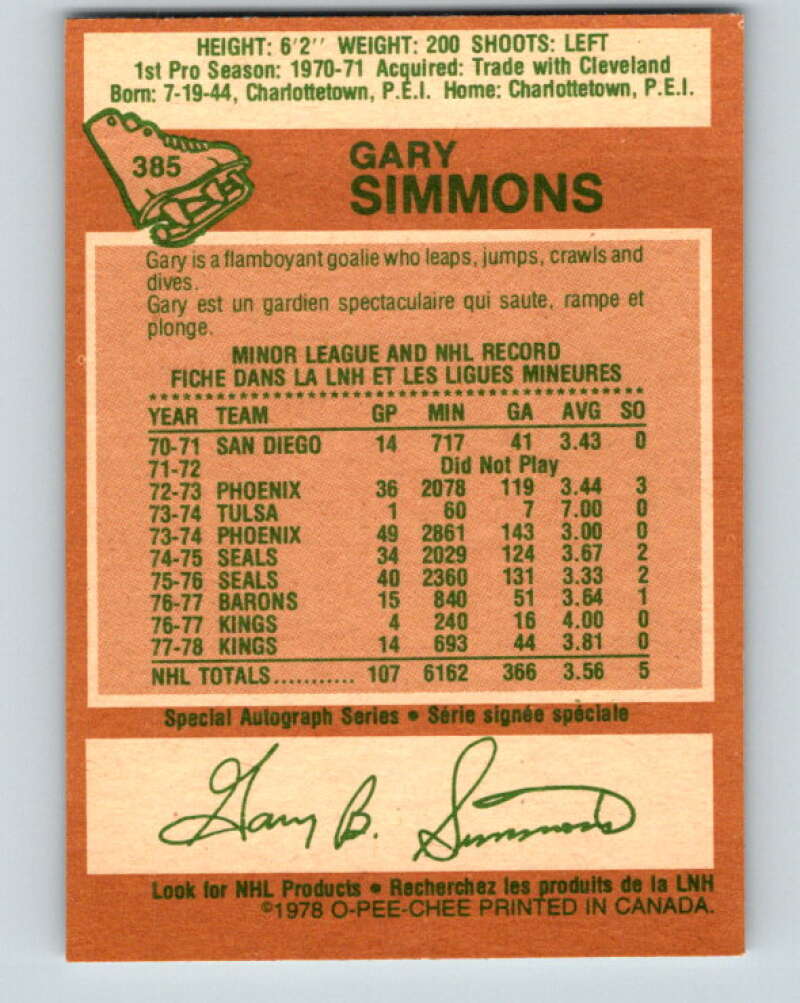 1978-79 O-Pee-Chee #385 Gary Simmons Los Angeles Kings V26372