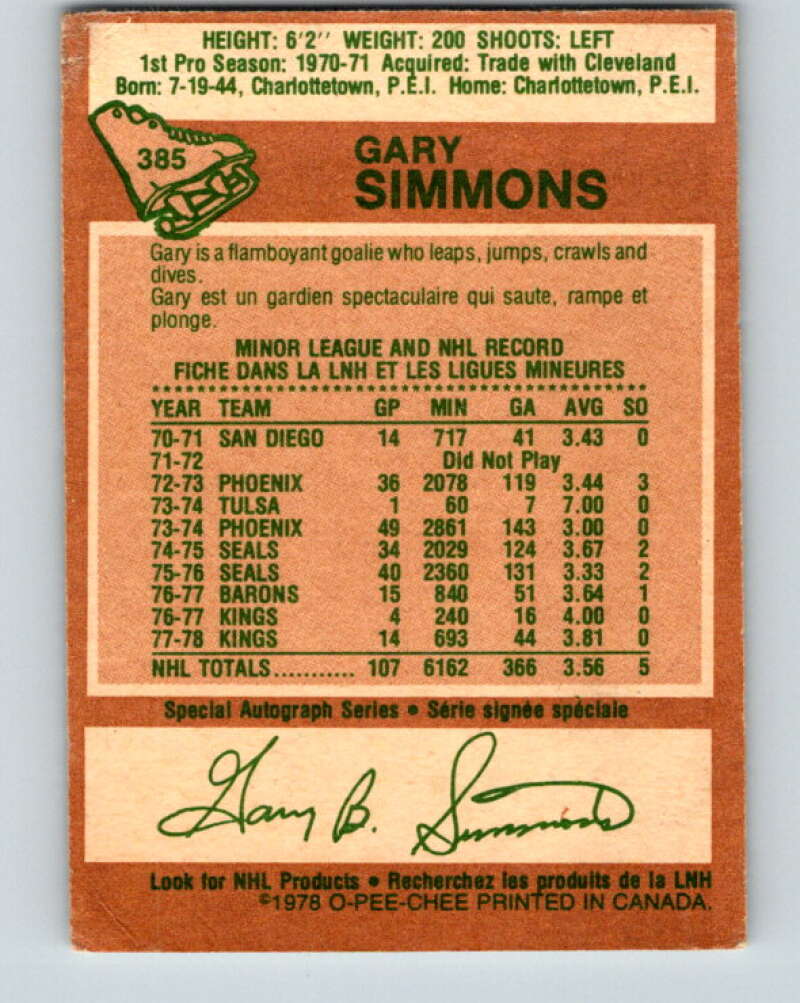 1978-79 O-Pee-Chee #385 Gary Simmons Los Angeles Kings V26373