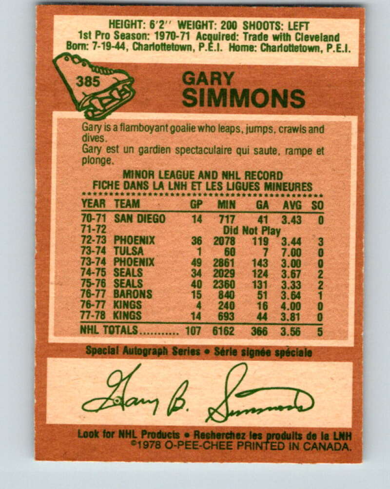 1978-79 O-Pee-Chee #385 Gary Simmons Los Angeles Kings V26375