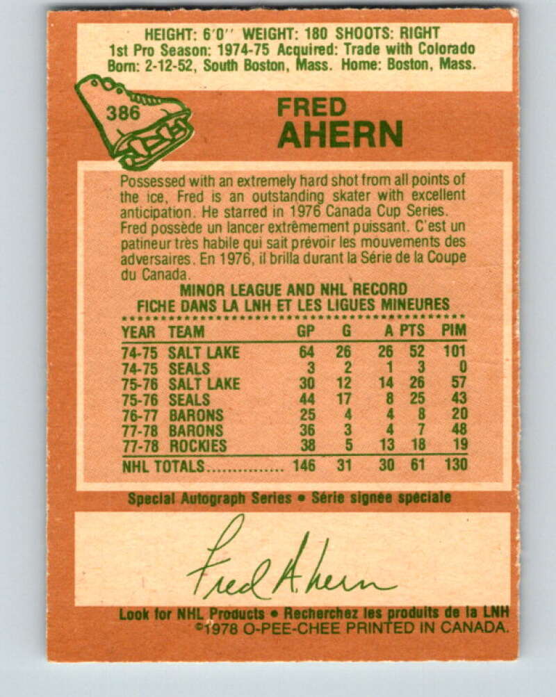 1978-79 O-Pee-Chee #386 Fred Ahern Minnesota North Stars V26380