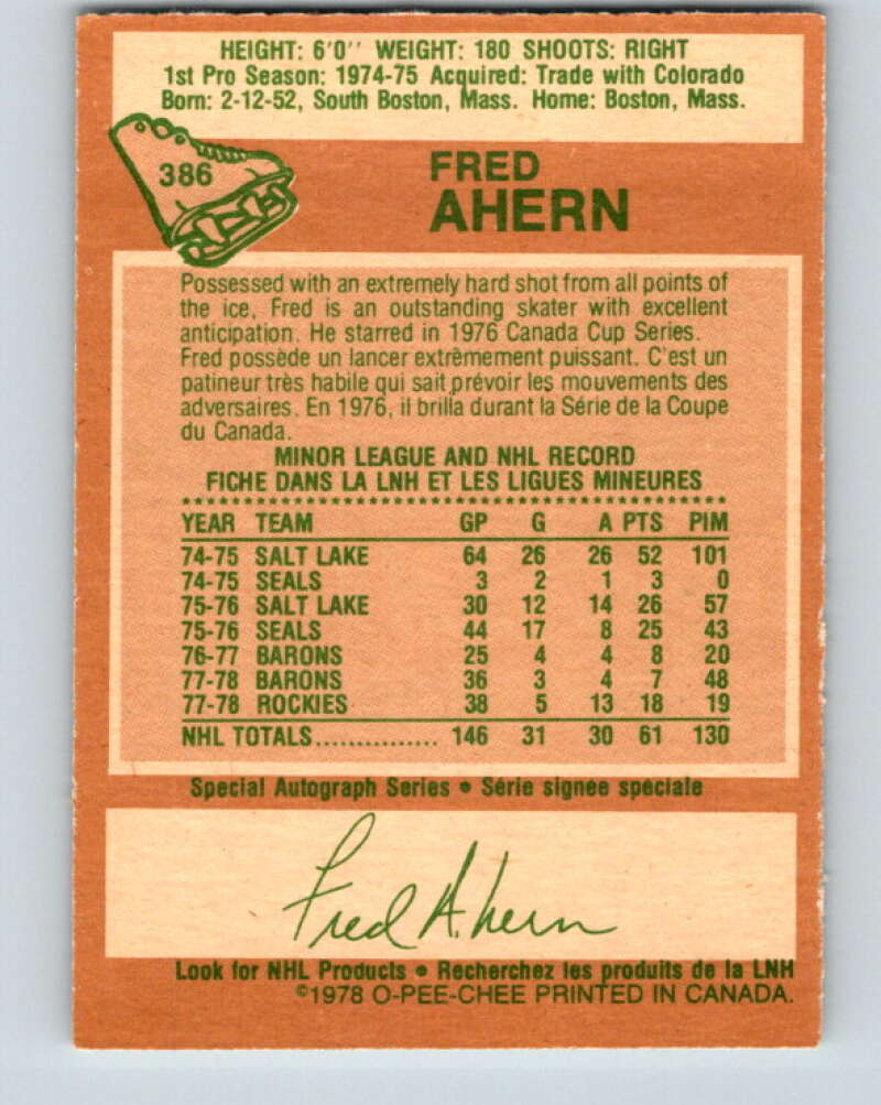 1978-79 O-Pee-Chee #386 Fred Ahern Minnesota North Stars V26398