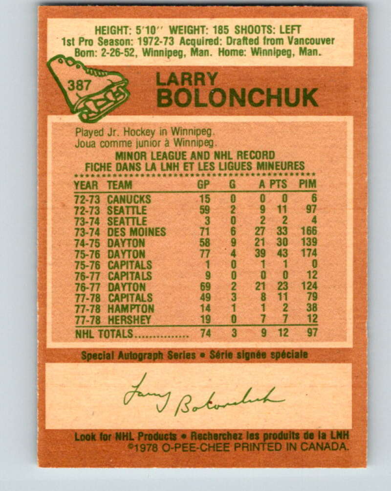 1978-79 O-Pee-Chee #387 Larry Bolonchuk Washington Capitals V26408