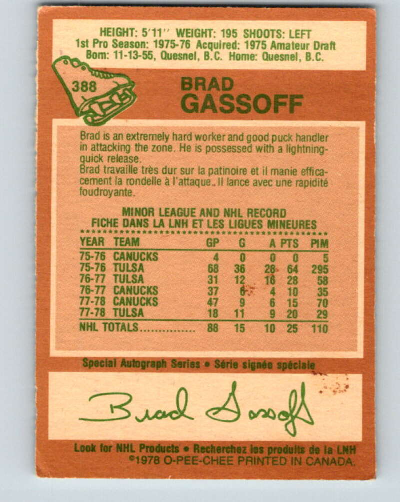 1978-79 O-Pee-Chee #388 Brad Gassoff RC Rookie Canucks V26414