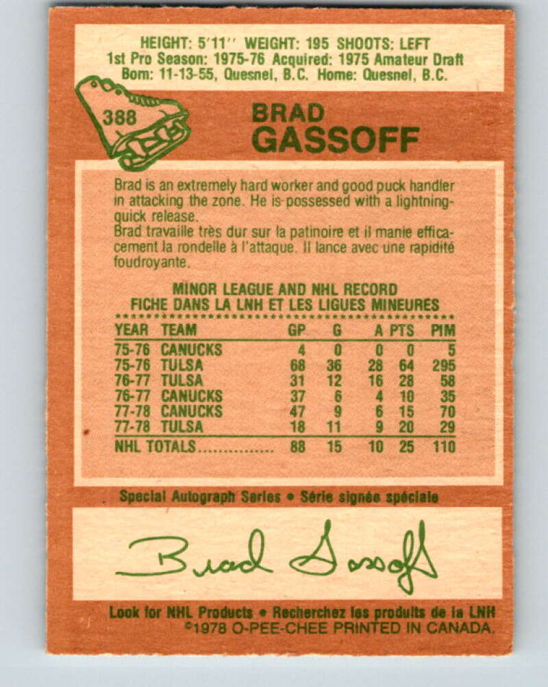 1978-79 O-Pee-Chee #388 Brad Gassoff RC Rookie Canucks V26420