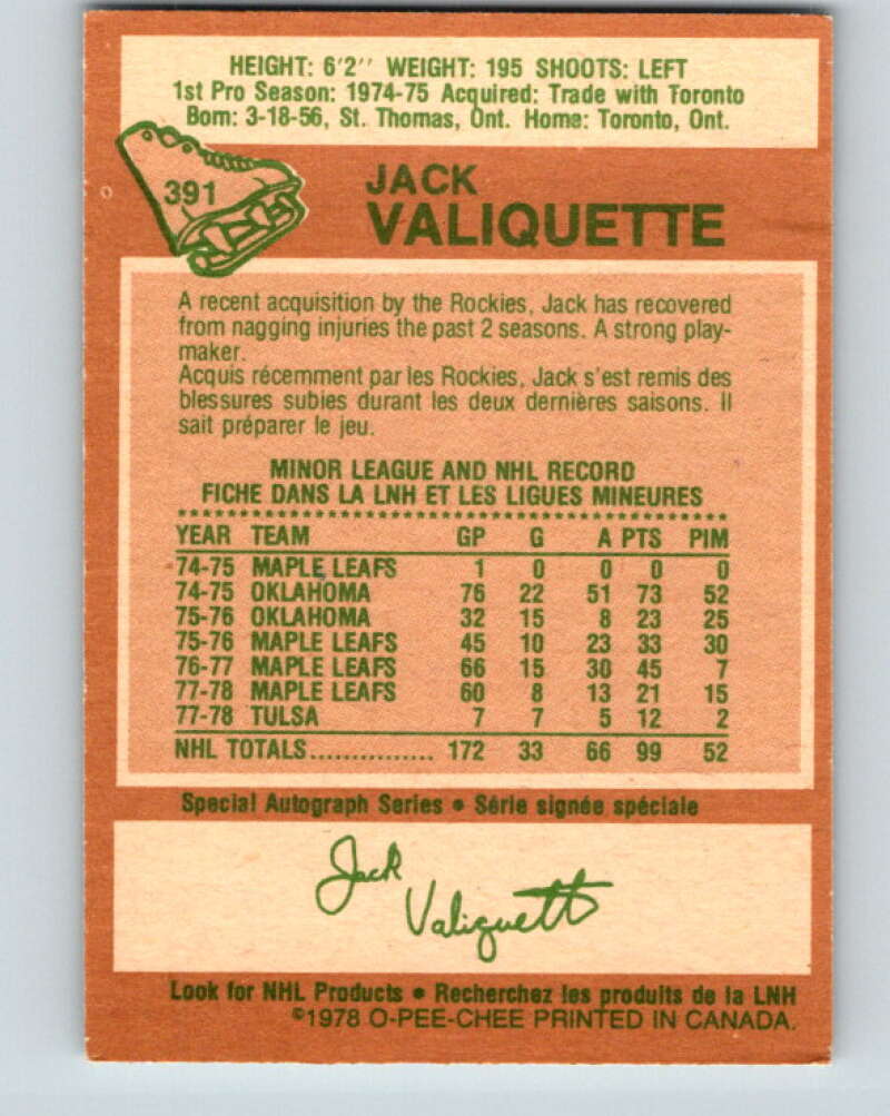 1978-79 O-Pee-Chee #391 Jack Valiquette Colorado Rockies V26466