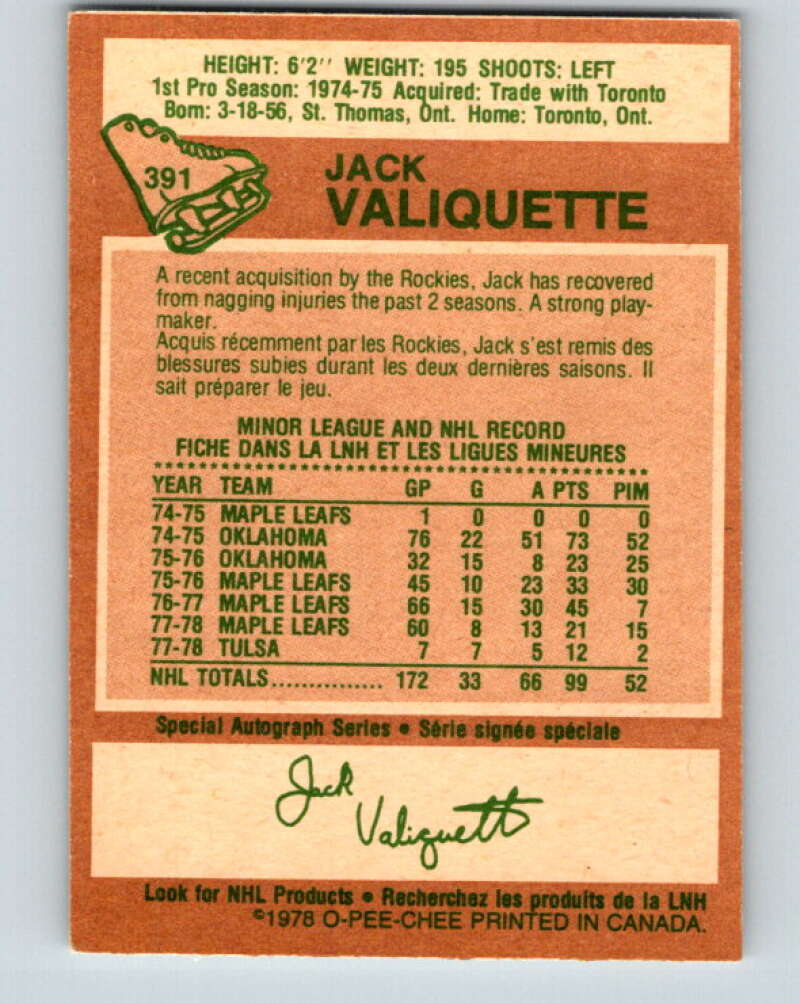 1978-79 O-Pee-Chee #391 Jack Valiquette Colorado Rockies V26467