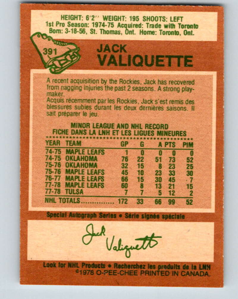1978-79 O-Pee-Chee #391 Jack Valiquette Colorado Rockies V26468