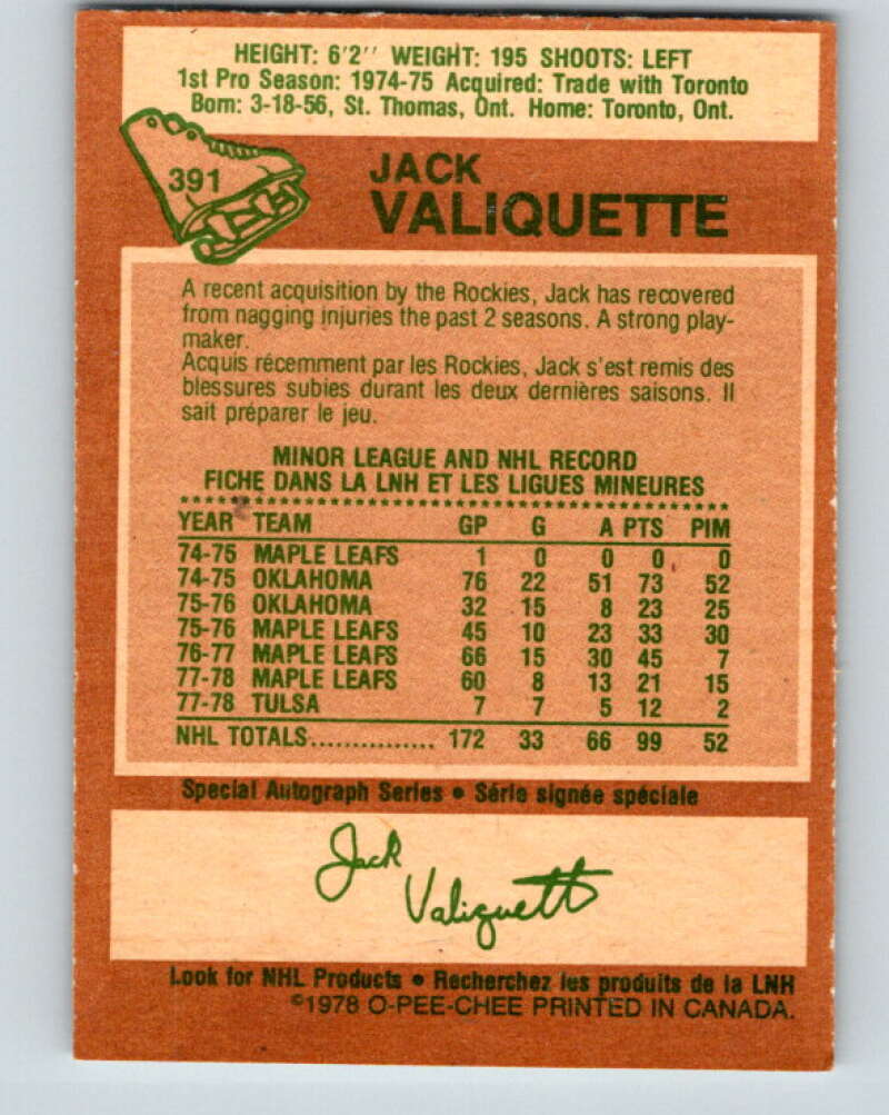1978-79 O-Pee-Chee #391 Jack Valiquette Colorado Rockies V26469