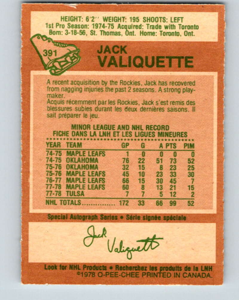 1978-79 O-Pee-Chee #391 Jack Valiquette Colorado Rockies V26478