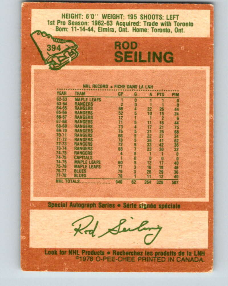 1978-79 O-Pee-Chee #394 Rod Seiling Atlanta Flames V26509