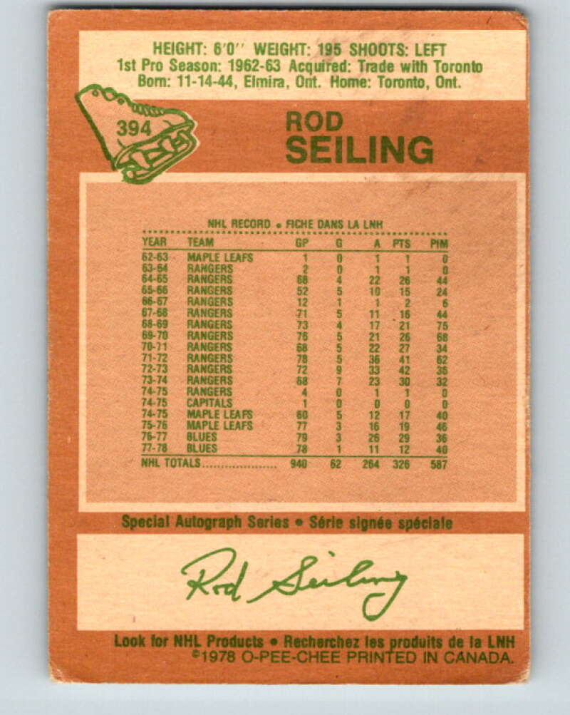 1978-79 O-Pee-Chee #394 Rod Seiling Atlanta Flames V26510