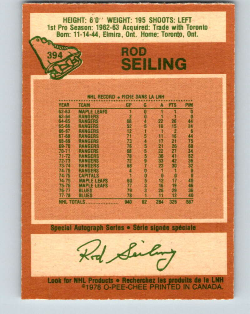 1978-79 O-Pee-Chee #394 Rod Seiling Atlanta Flames V26512