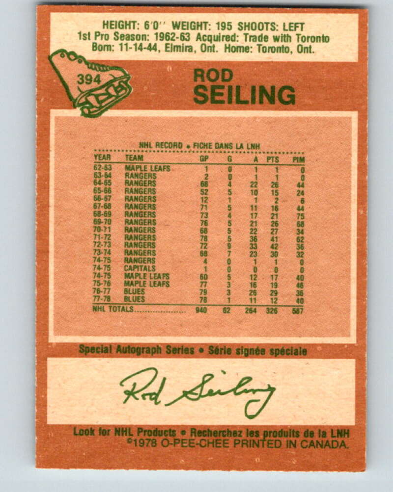 1978-79 O-Pee-Chee #394 Rod Seiling Atlanta Flames V26513