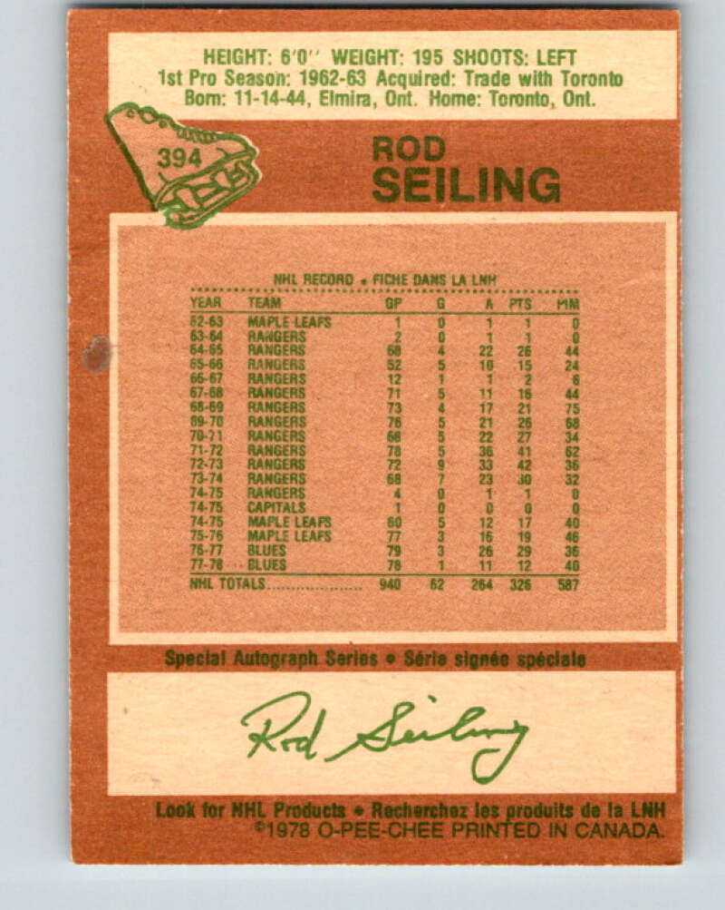 1978-79 O-Pee-Chee #394 Rod Seiling Atlanta Flames V26518