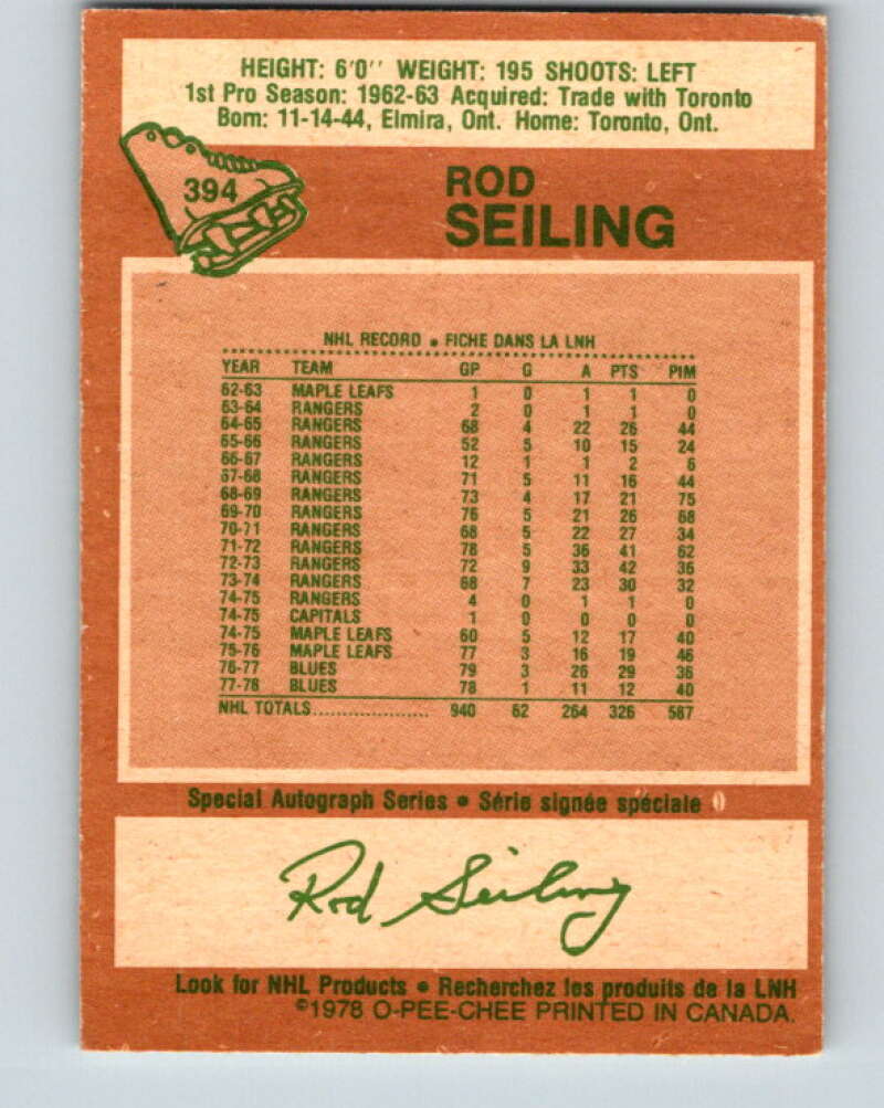 1978-79 O-Pee-Chee #394 Rod Seiling Atlanta Flames V26521