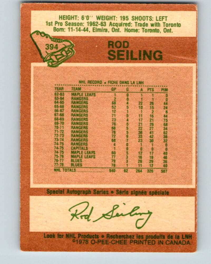 1978-79 O-Pee-Chee #394 Rod Seiling Atlanta Flames V26522