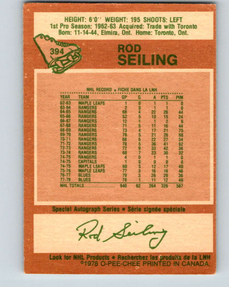 1978-79 O-Pee-Chee #394 Rod Seiling Atlanta Flames V26523