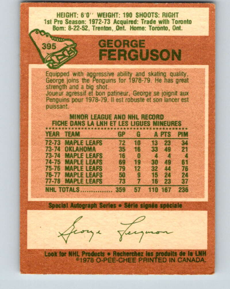 1978-79 O-Pee-Chee #395 George Ferguson Penguins V26527