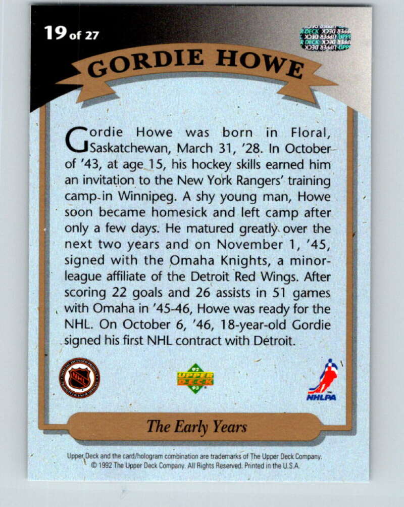 1992-93 Upper Deck Gordie Howe Heroes #19 The Early Years V26597