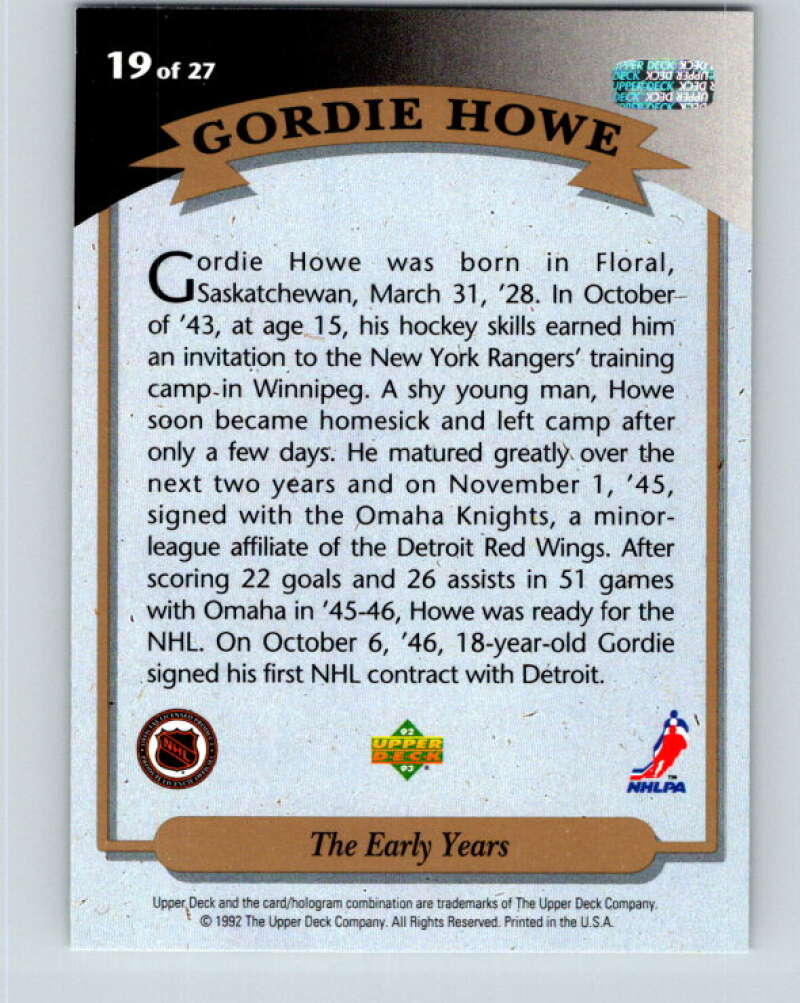 1992-93 Upper Deck Gordie Howe Heroes #19 The Early Years V26598