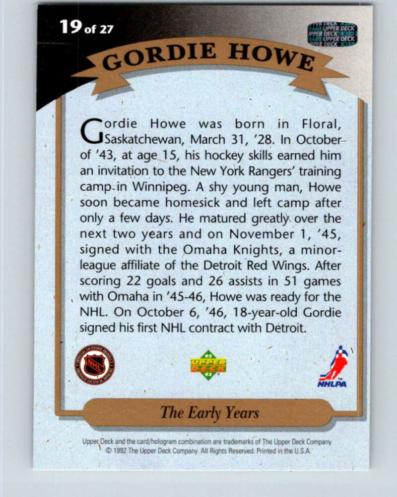 1992-93 Upper Deck Gordie Howe Heroes #19 The Early Years V26599